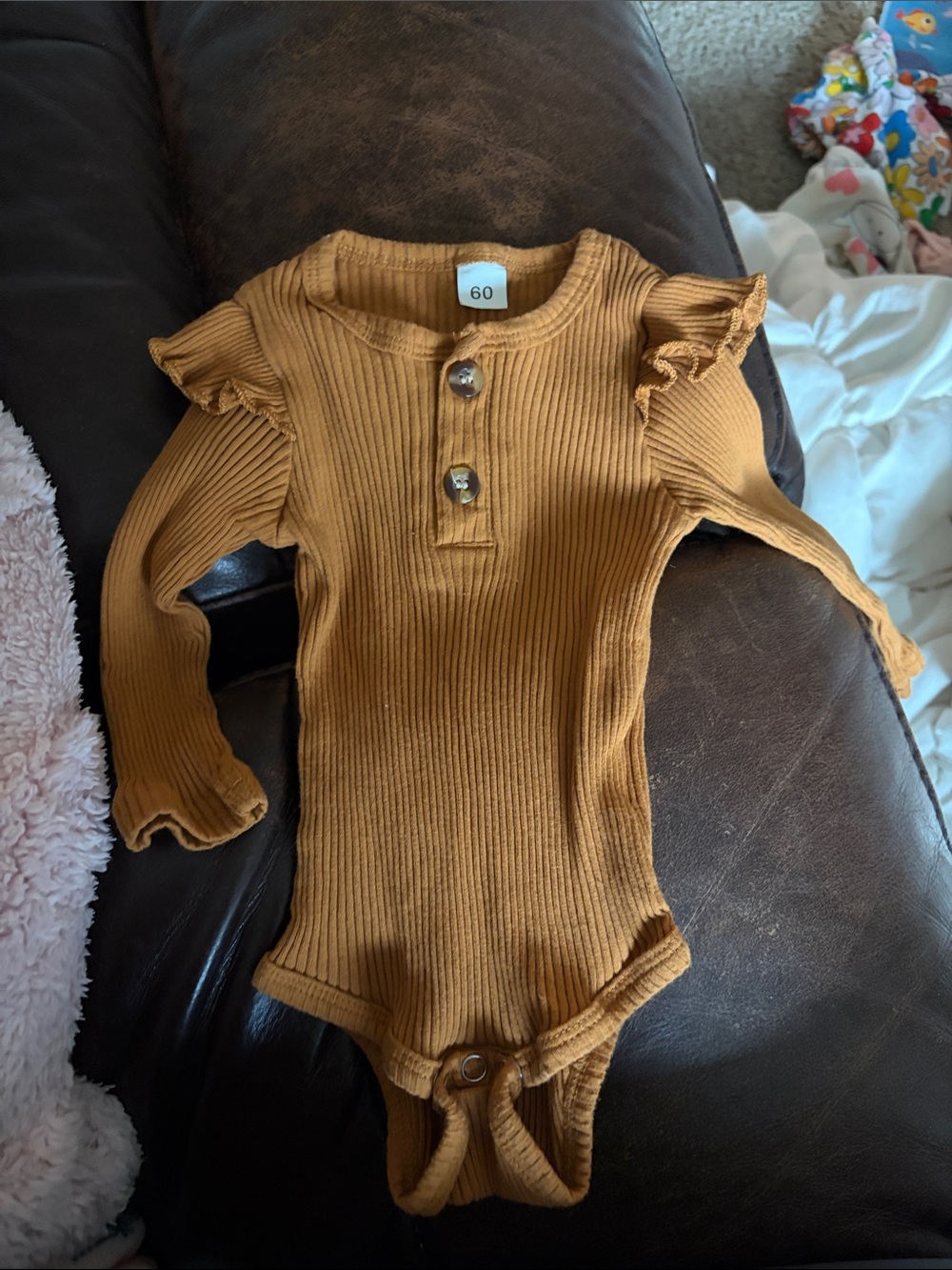 SHEIN Mustard Ribbed Ruffle-Sleeve Baby Bodysuit